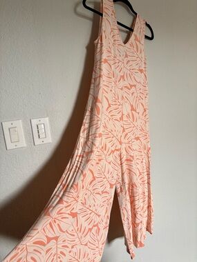 Fighting Eel Peach and Cream Leaf-Print Wide-Leg Jumpsuit